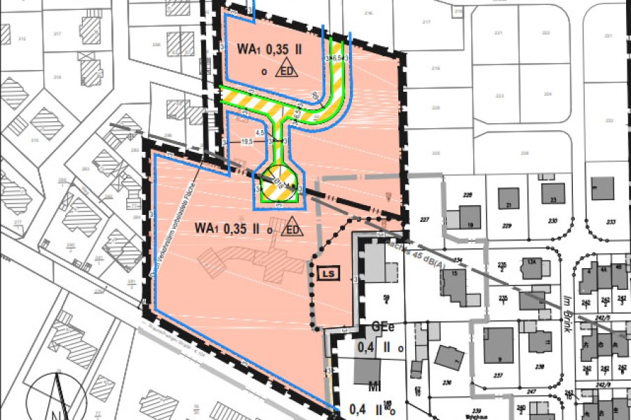 So sieht der Bebauungsplan-Entwurf Bornheide III aus: Der obere Bereich soll für die geplante Wohnbebauung durch eine neue Straße erschlossen werden. Im unteren Bereich sind ganz schwach schraffiert die Umrisse der zuletzt vom ehemaligen VW-Konzernchef Martin Winterkorn genutzten Volkswagen-Villa zu erkennen.