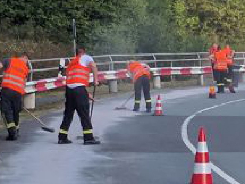 Die Wehrleute aus Helmstedt mussten die Straße vom ausgelaufenen Diesel säubern.