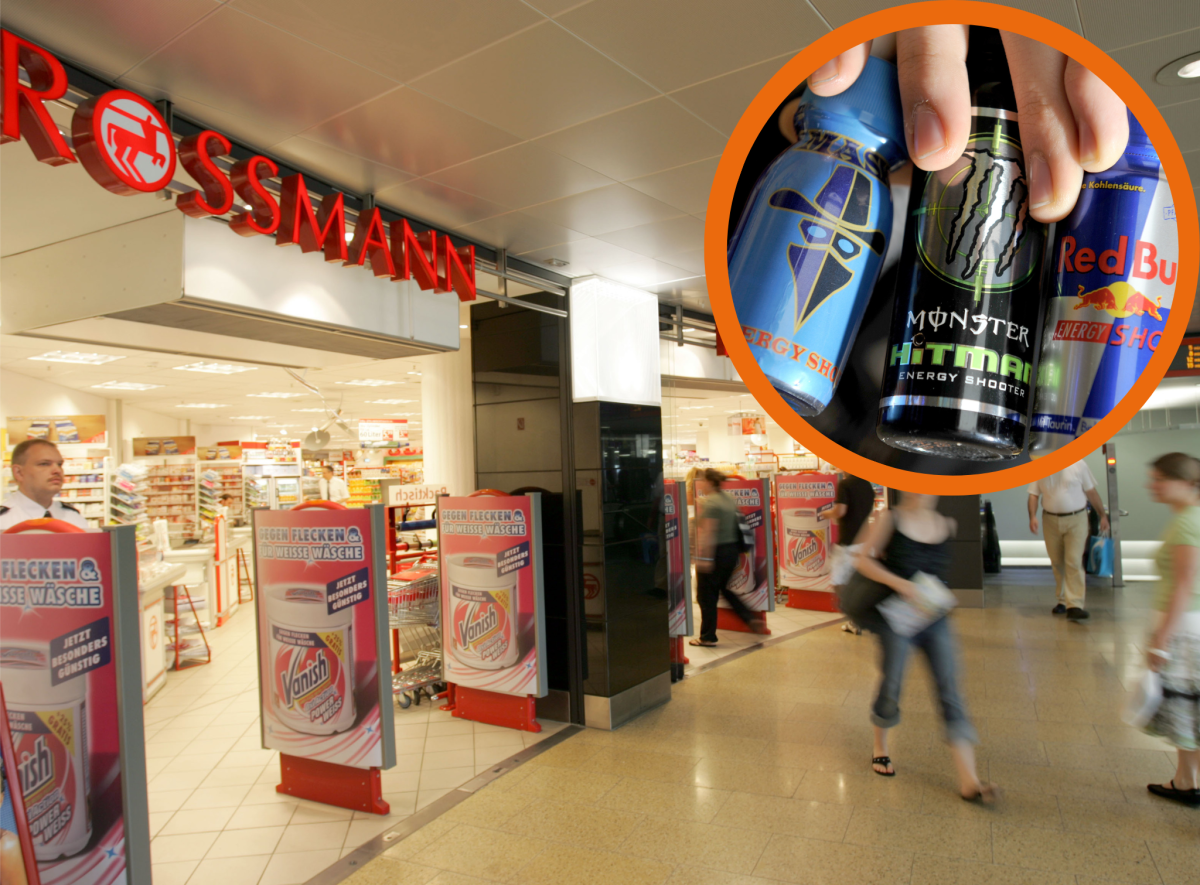 Rossmann im Hauptbahnhof Hannover, Energydosen in die Ecke montiert