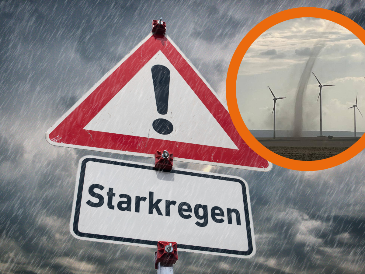 Starkregenschild vor Gewitter mit Tornado-Bild in die Ecke montiert