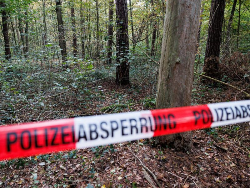 Ein Polizeiabsperrband sperrt den Bereich um den Fundort der Leiche ab. In einem Waldstück im Mecklenheider Forst wurde eine Leiche entdeckt.