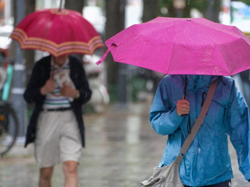 Personen gehen mit Regenschirmen durch den Regen