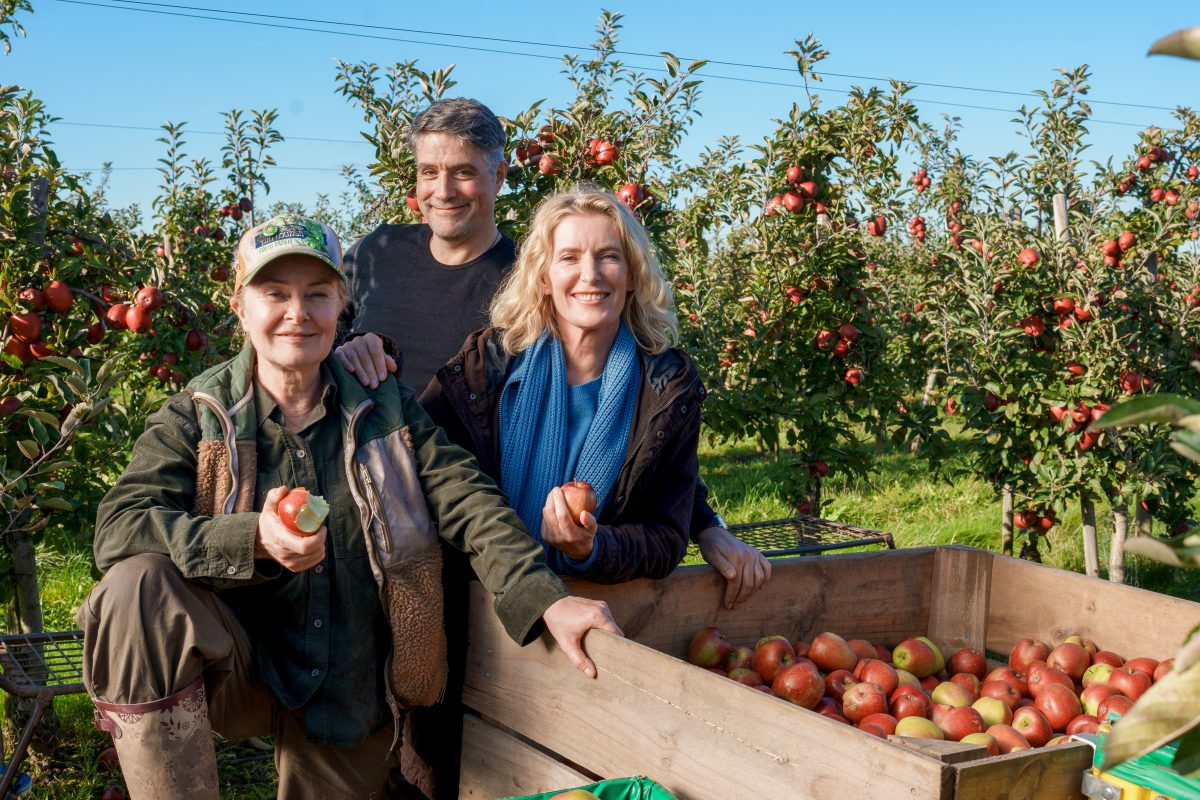 Marlies Feldhusen (Lina Wendel), Regisseur Johannes Naber, und Charlotte Lindholm (Maria Furtwängler) stehen bei Drehstart von "Tatort: Königin" im Alten Land.