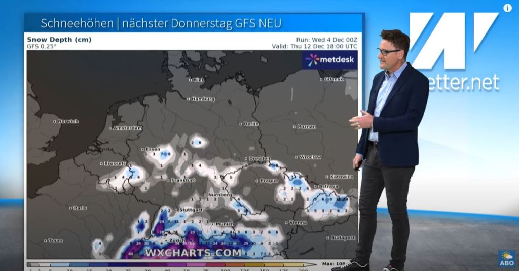 Das GFS sagt im Vergleich dazu weitaus weniger Schnee voraus.