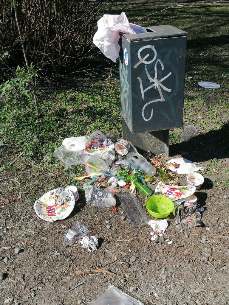 überfüllter Mülleimer im Park